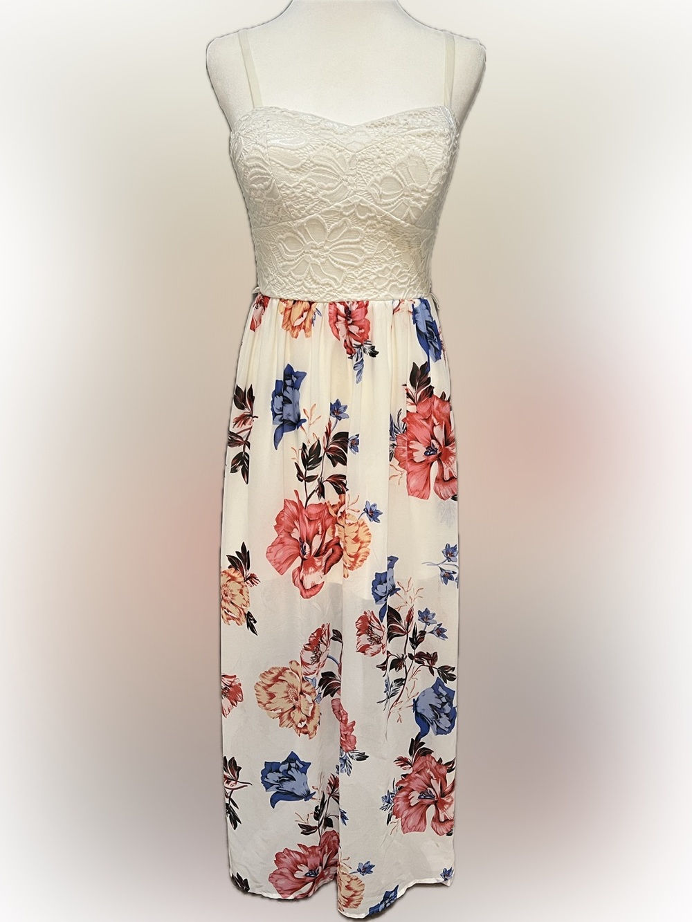 AUW Cream Dress Skirt with Pink and Blue Floral Print